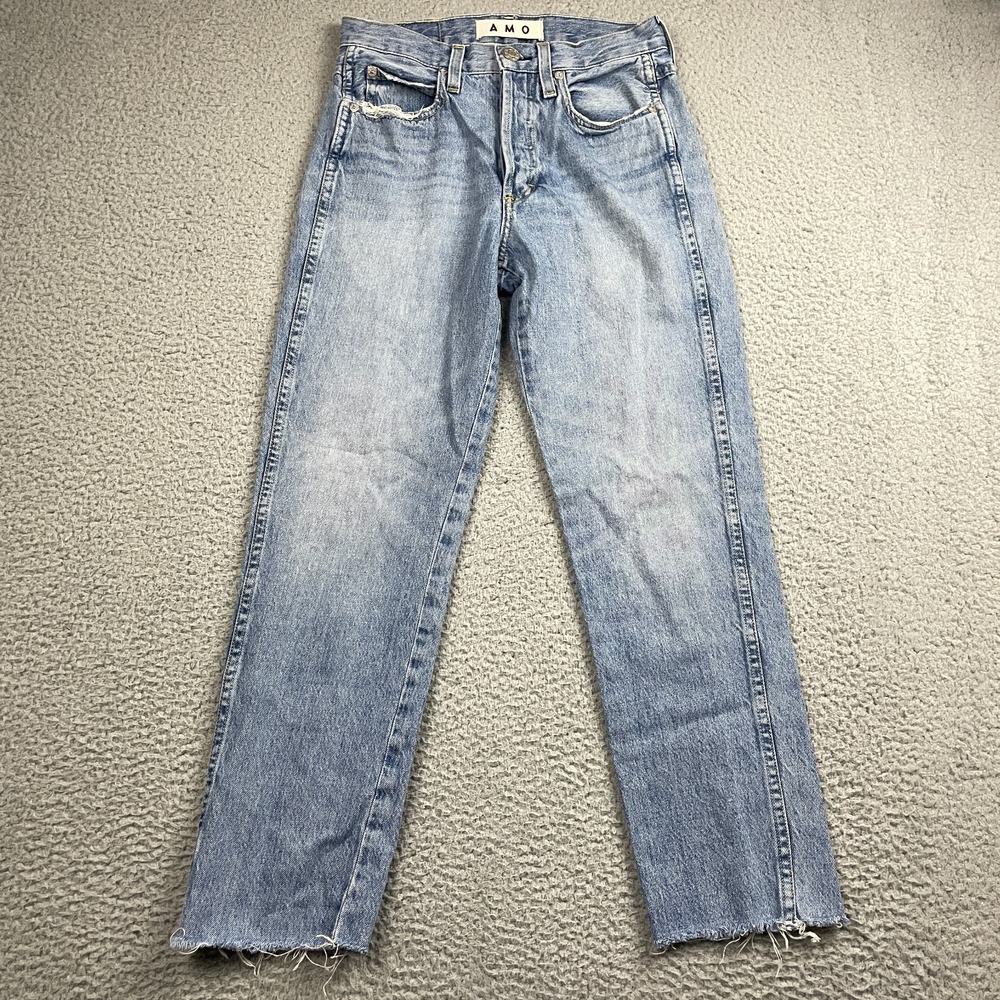 AMO Jeans Womens 23 Blue Loverboy Glory Relaxed Straight Cropped Raw Hem Denim
